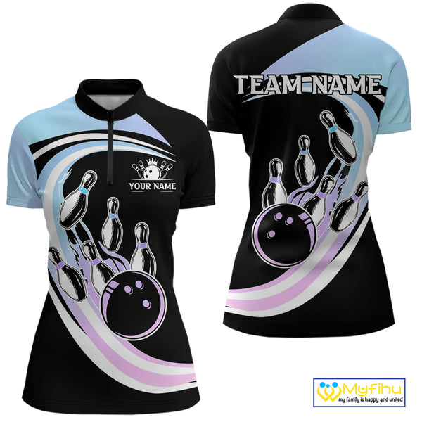Blue Purple Gradient Bowling Shirts For Women Custom Bowling Team League Jersey, Gift For Bowler NQS10432