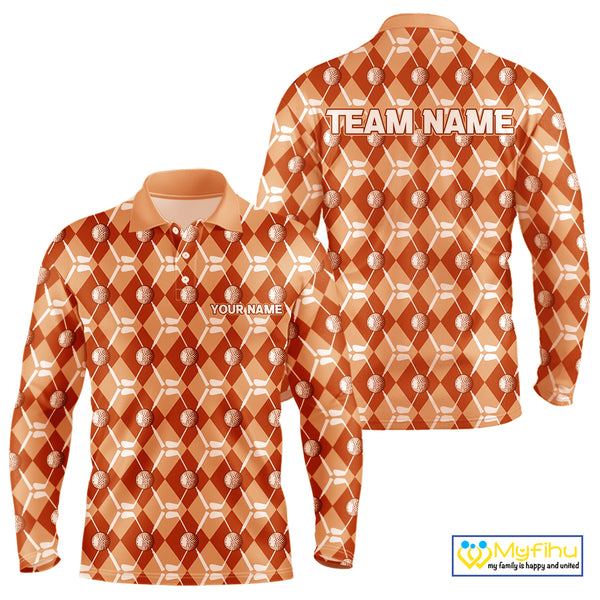Mens golf polo shirts custom orange argyle plaid pattern golf attire for men, golfer gifts NQS10436