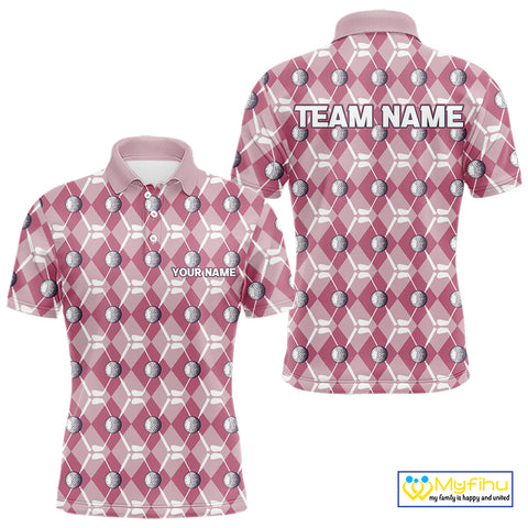 Mens golf polo shirts custom pink argyle plaid pattern golf attire for men, golfer gifts NQS10443