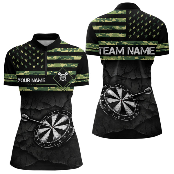 Green camo American Flag Dart jerseys Polo, 1/4 Zip Shirt for Women Custom Patriotic Darts Team shirts NQS9519
