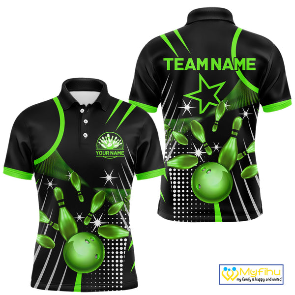 Black and Green Mens Bowling Polo, Quarter Zip Shirts Custom Bowling outfit men Team Jerseys NQS9957