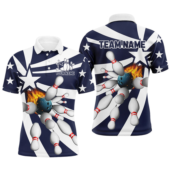 Blue and white Mens polo, quarter zip bowling shirt Custom flame bowling star team league jerseys NQS7820
