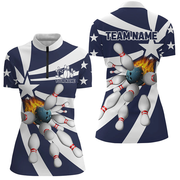 Blue and white Women polo, quarter zip bowling shirt Custom flame bowling star team league jerseys NQS7820