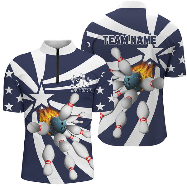 Blue and white Mens polo, quarter zip bowling shirt Custom flame bowling star team league jerseys NQS7820