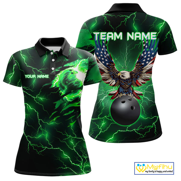 Green lightning thunder bowling American flag Eagle custom Women Bowling Polo, Quarter Zip Shirts NQS10111