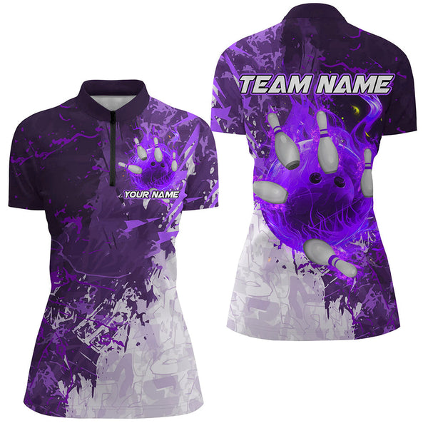 Purple Camo Flame Bowling Polo, Quarter Zip Shirts For Women Custom Bowling Team Jersey Outfits NQS8704
