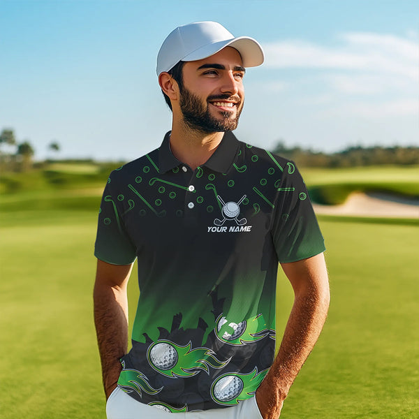 Black and Green Flame golf ball pattern Men golf polo shirts Custom team golf attire for men NQS9524