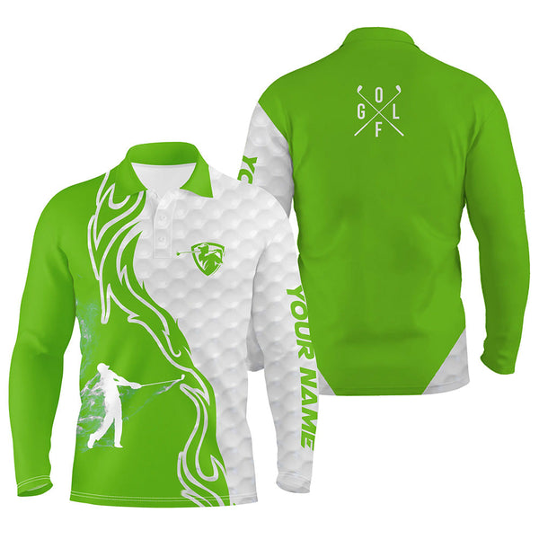 Green and white golf player long sleeve golf polo shirts for mens custom name golf gift for golf dad NQS5233