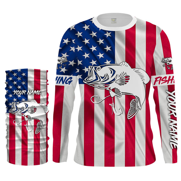 Largemouth Bass fishing American flag patriotic 4th July Customize long sleeves fishing shirt NQS1957