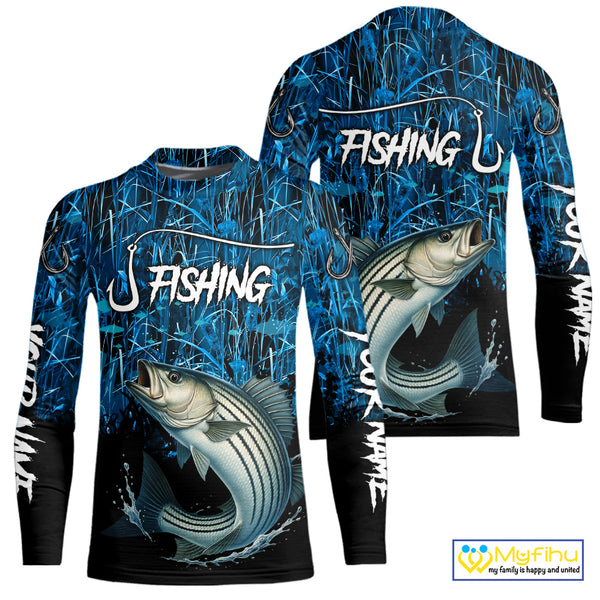 Striped Bass Fishing blue camo Custom UV protection Striper long sleeves fishing shirts NQS10122