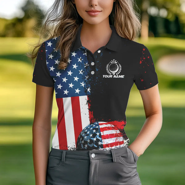 Black American Flag Women Golf Polo Shirts Custom Golf attire for ladies, patriotic golf gifts NQS9696