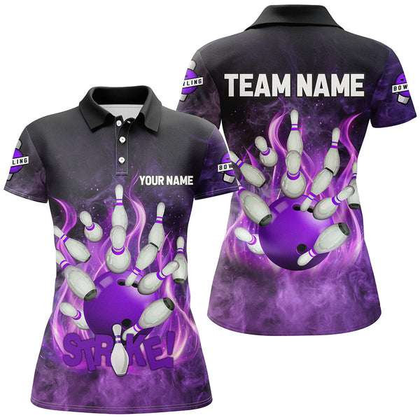 Purple Flame Strike Bowling Shirts For Women Custom Bowling Team League Jerseys, womens bowling shirts NQS8476