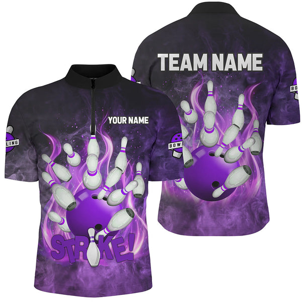 Purple Flame Strike Bowling Shirts For Men Custom Bowling Team League Jerseys, mens bowling shirts NQS8476