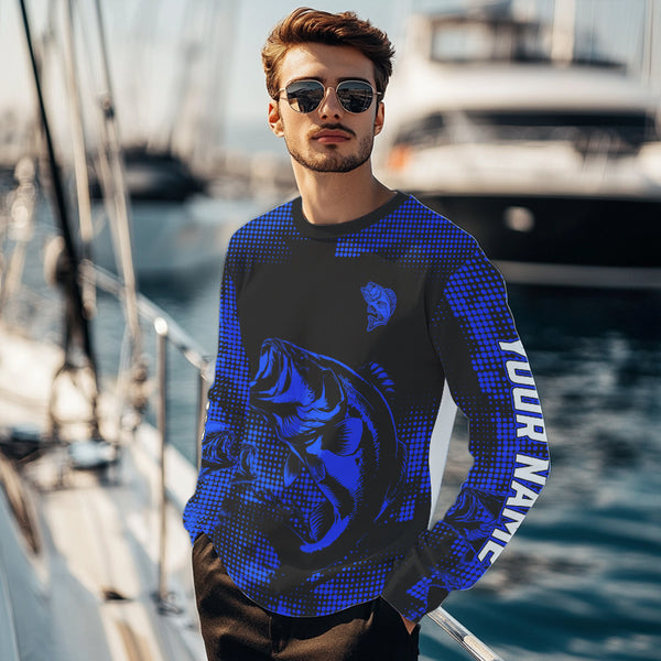 Largemouth Bass fishing jersey Custom UV protection performance bass fishing tournament shirts | Blue NQS9395