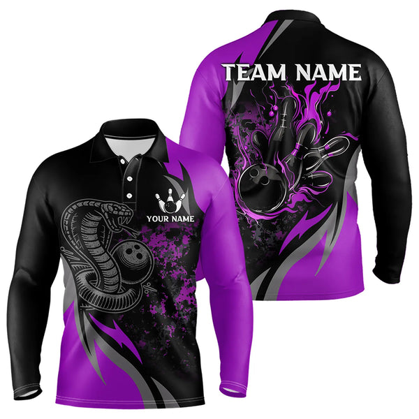 Black and Purple Flame Cobra Snake Bowling Shirts For Men Custom Name Bowling Team League Shirt NQS9714