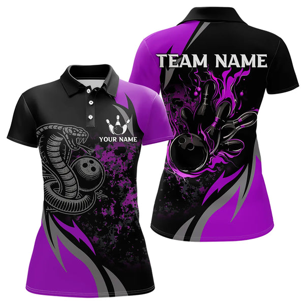 Black and Purple Flame Cobra Snake Bowling Shirts For Women Custom Name Bowling Team League Shirt NQS9714
