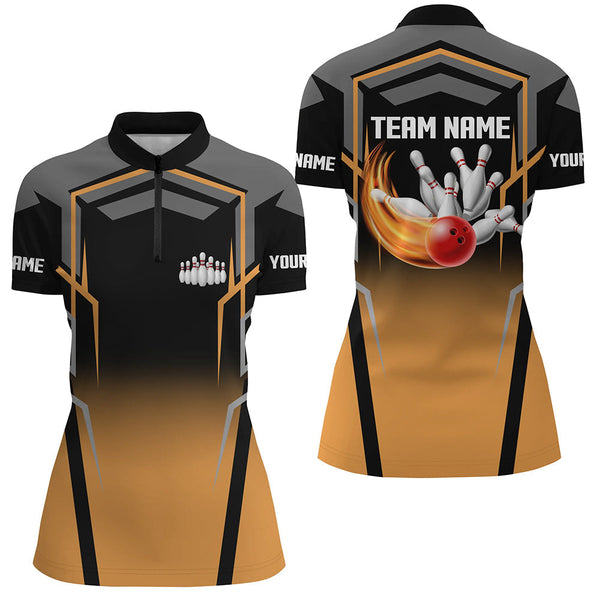 Black and Orange Bowling Polo, 1/4 Quarter Zip Shirts For Women, Custom Bowling Jerseys Team bowlers NQS7855