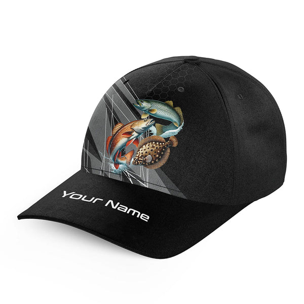 Personalized Black camo Redfish, Trout, Flounder Fishing baseball cap, Texas Slam fishing hats NQS10143