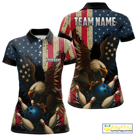 Vintage American Flag Eagle Bowling Shirt For Women Custom Patriotic Retro Team bowling jerseys NQS10475
