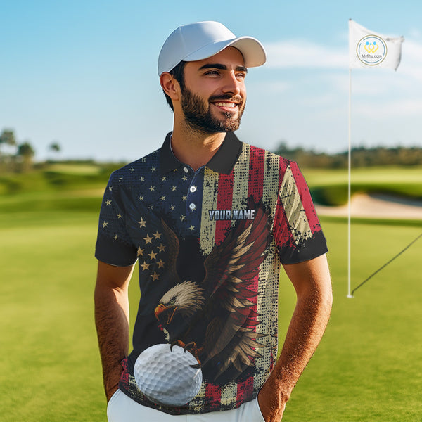 Vintage American Flag Eagle Mens Golf Polo Shirt Custom Patriotic Retro Team golf attire for men NQS10476
