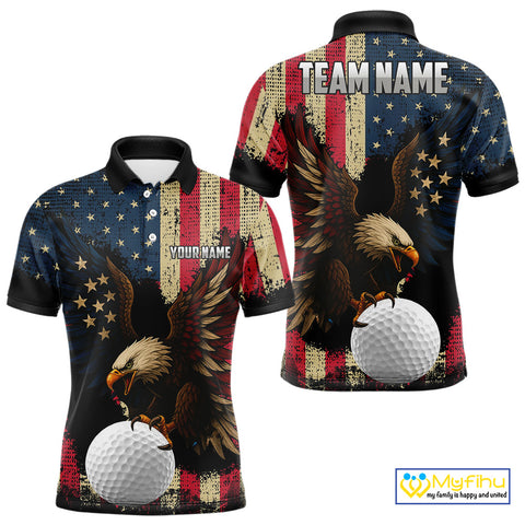 Vintage American Flag Eagle Mens Golf Polo Shirt Custom Patriotic Retro Team golf attire for men NQS10476
