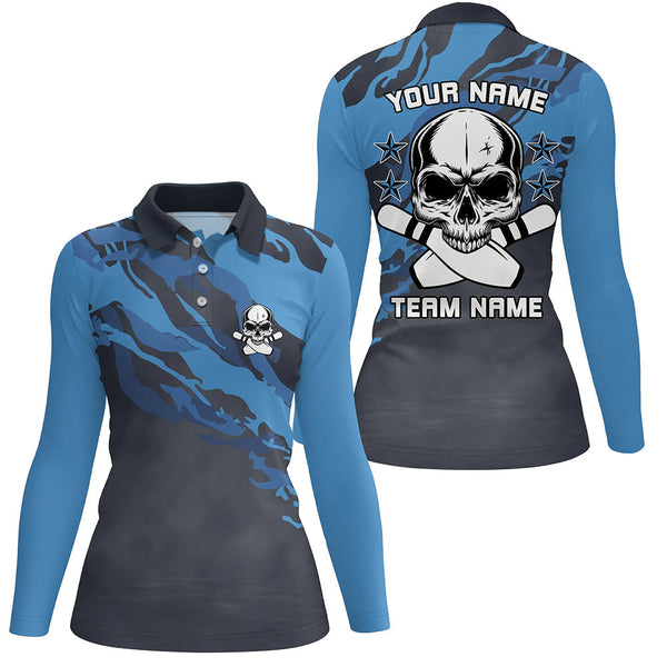 Personalized blue camo Skull Bowling polo Shirt for women Custom Team's Name Bowler Jersey NQS6411