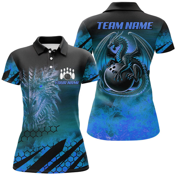 Black And Blue Custom Dragon Flame Bowling Shirts For Women, Dragon Fire Bowling Team Shirts NQS8498