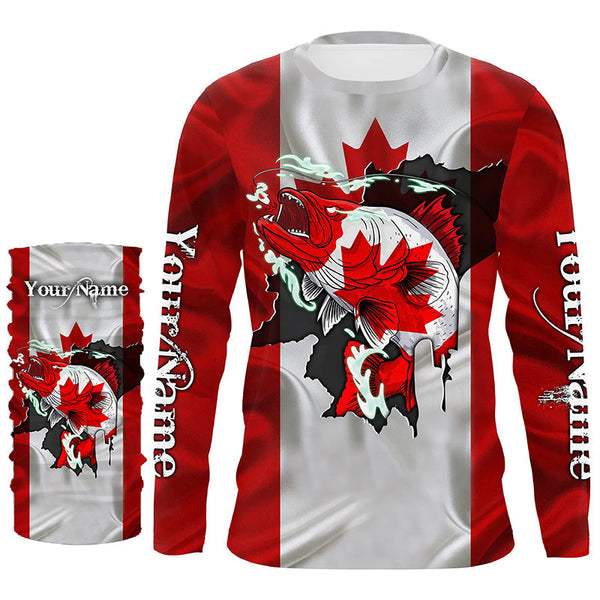 Walleye fishing shirts Canadian flag patriot UV protection Customize name long sleeves fishing shirts NQS4567