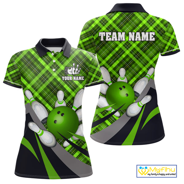 Green Plaid Christmas pattern Bowling shirt For Women Custom Team Bowling Jersey Xmas Gift For Bowler NQS10492