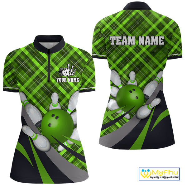 Green Plaid Christmas pattern Bowling shirt For Women Custom Team Bowling Jersey Xmas Gift For Bowler NQS10492