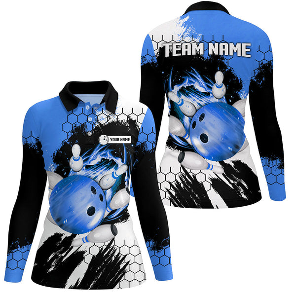 Blue Flame bowling ball and pins jerseys Custom Team League Bowling Polo Shirts For Women NQS7162