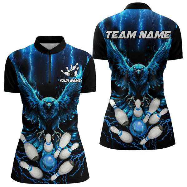 Custom Blue Lightning Thunder Eagle Women Bowling Polo, Quarter Zip Shirts Bowling Team Jersey Outfits NQS9577