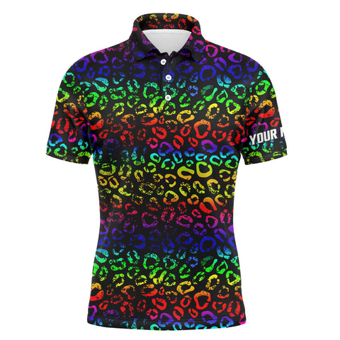 Colorful neon Rainbow leopard mens golf polo shirts, team golf shirt gift for golf lovers NQS4987