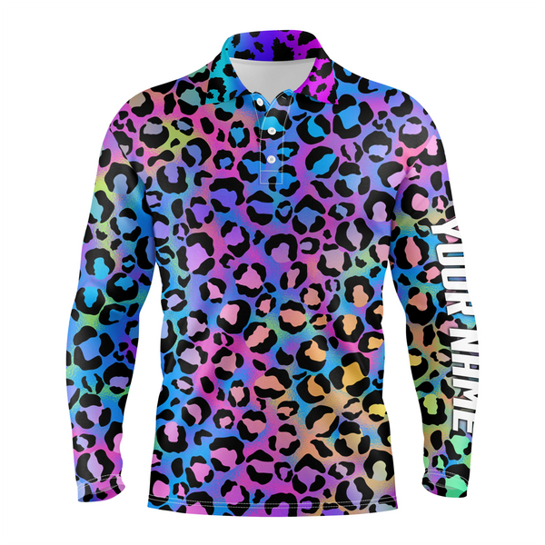 Colorful neon gradient leopard mens golf polo shirts, custom pattern golf shirt for men NQS4989