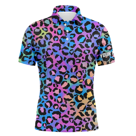 Colorful neon gradient leopard mens golf polo shirts, custom pattern golf shirt for men NQS4989