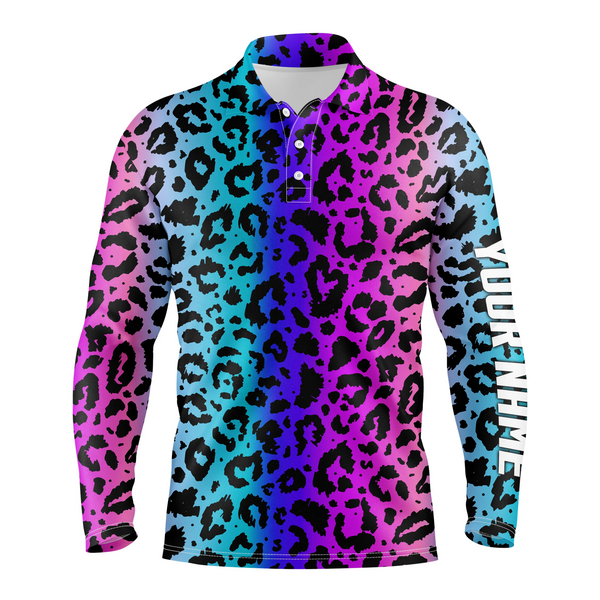Colorful neon gradient leopard mens golf polo shirts, custom pattern golf shirt mens golf polo NQS4990