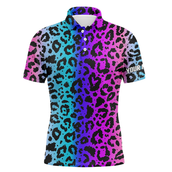 Colorful neon gradient leopard mens golf polo shirts, custom pattern golf shirt mens golf polo NQS4990