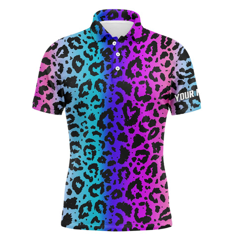 Colorful neon gradient leopard mens golf polo shirts, custom pattern golf shirt mens golf polo NQS4990
