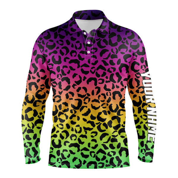 Mens golf polo shirts neon rainbow leopard pattern golf shirt custom name golf wear for mens NQS4993