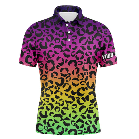 Mens golf polo shirts neon rainbow leopard pattern golf shirt custom name golf wear for mens NQS4993