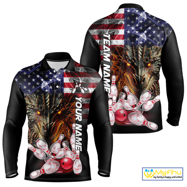 American Flag Dragon Bowling Polo, Quarter Zip Shirts for Men Custom patriotic Team Bowling jerseys NQS10288