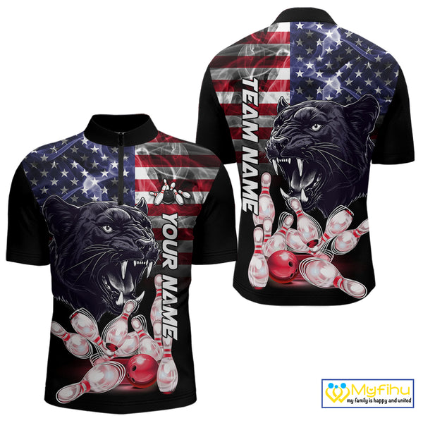 American Flag Panther Bowling Polo, Quarter Zip Shirts for Men Custom patriotic Team Bowling jerseys NQS10289