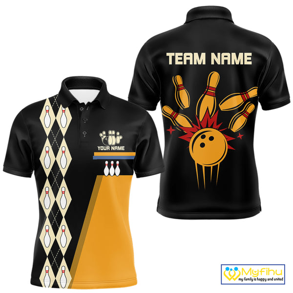 Black and Yellow Retro Bowling Polo, Quarter Zip shirt for Men Custom vintage team bowling jersey NQS10707