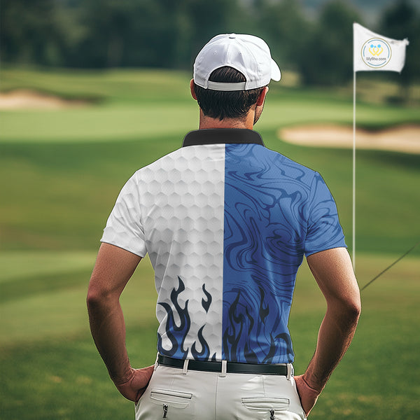 White and Blue Camo Flame Mens Golf Polo Shirt Custom golf attire for men, personalized golf gifts NQS10709