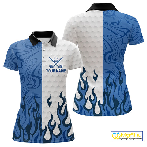 White and Blue Camo Flame Women Golf Polo Shirt Custom golf attire for ladies, personalized golf gift NQS10709