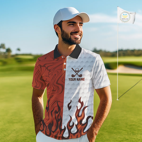 White and Orange Camo Flame Mens Golf Polo Shirt Custom golf attire for men, personalized golf gifts NQS10711