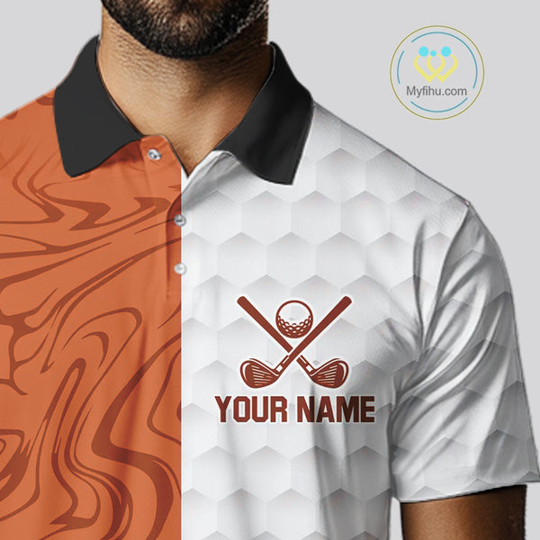 White and Orange Camo Flame Mens Golf Polo Shirt Custom golf attire for men, personalized golf gifts NQS10711
