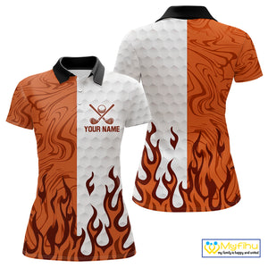 White & Orange Camo Flame Women Golf Polo Shirt Custom golf attire for ladies personalized golf gift NQS10711