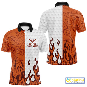 White and Orange Camo Flame Mens Golf Polo Shirt Custom golf attire for men, personalized golf gifts NQS10711