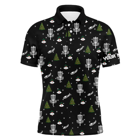 Mens golf polo shirt custom black Christmas pattern disc golf shirt for men, disc golf jerseys NQS6664